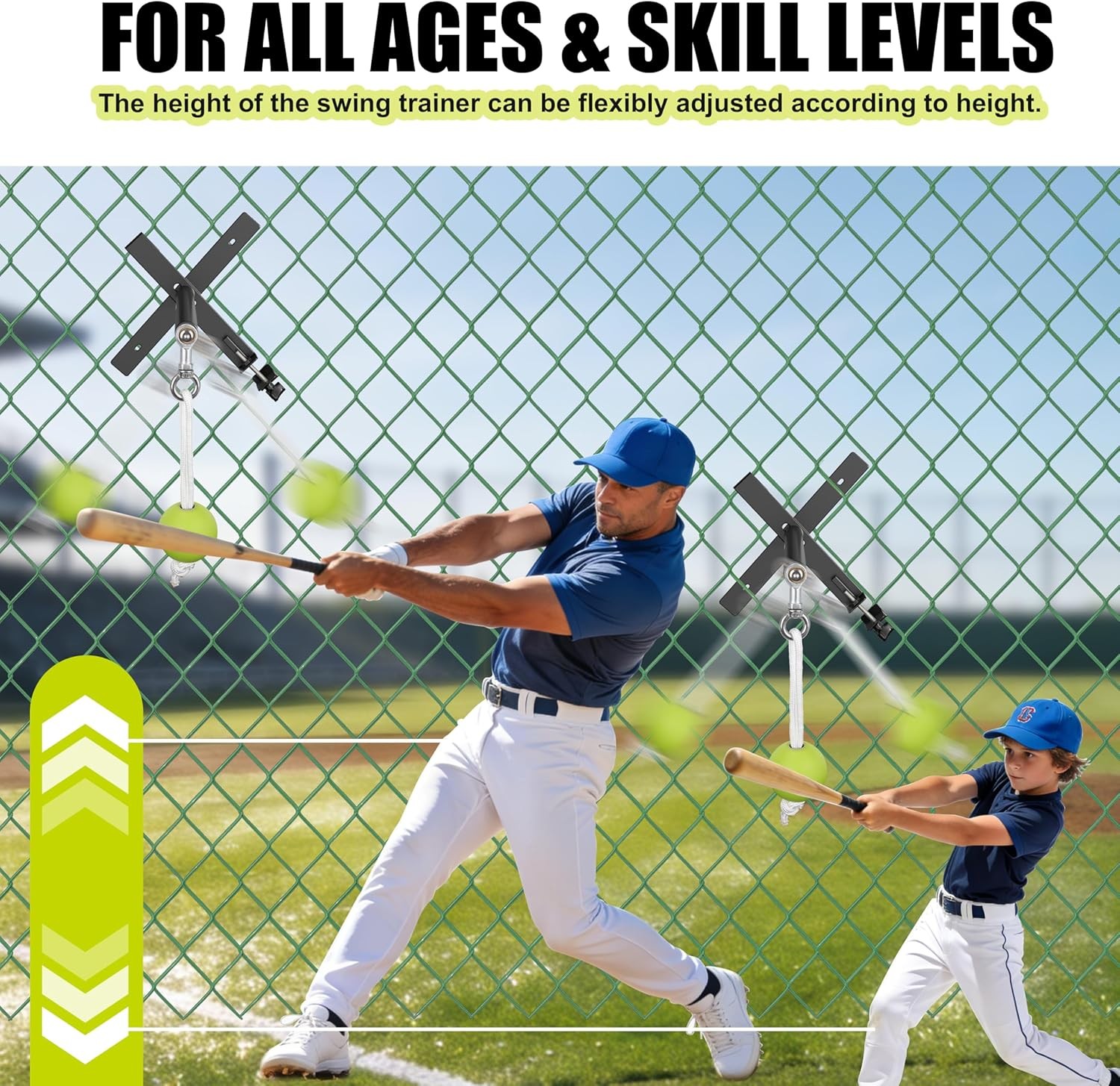 Portable Baseball/Softball Swing Trainer with Auto Reset Tethered Ball