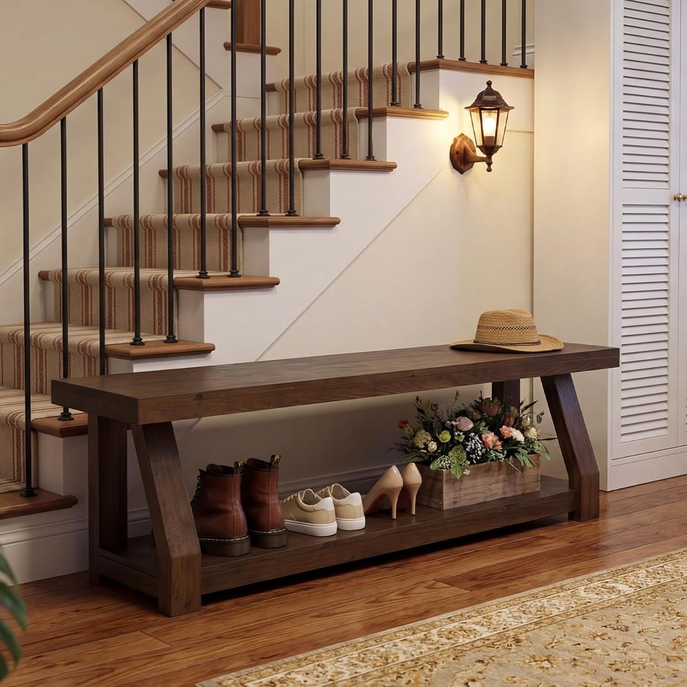 63" Solid Wood Bench, Rustic 2-Tier Entryway Bench with Shoe Storage for Hallway