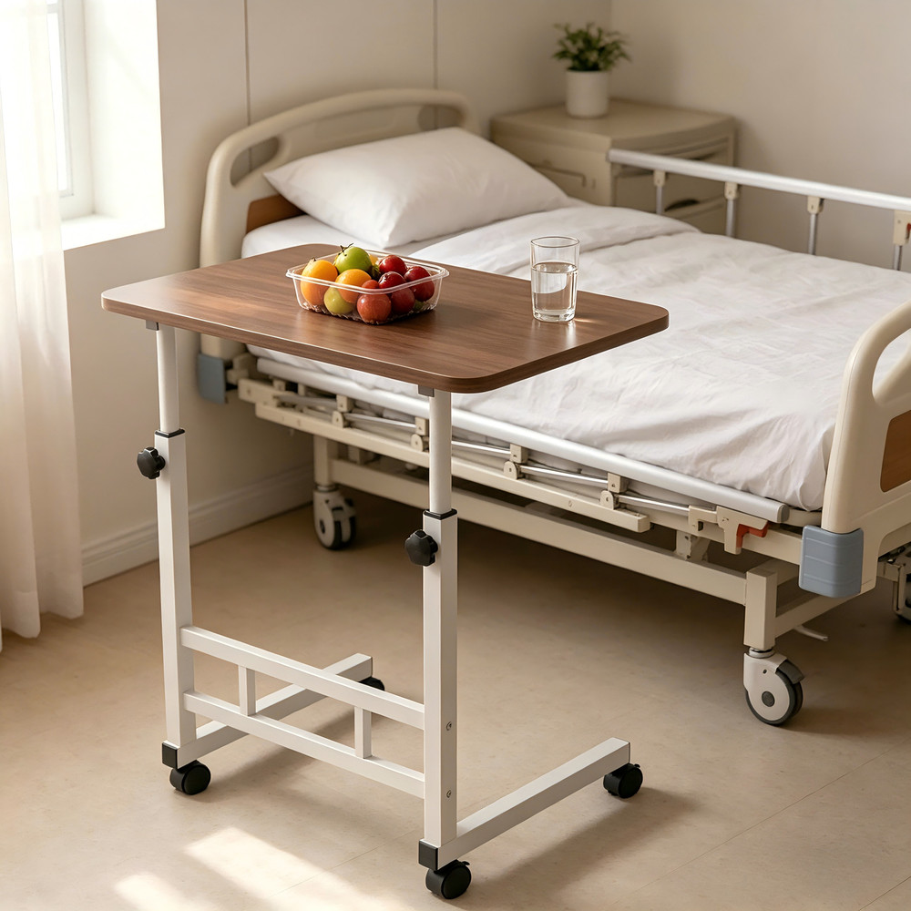 1-Tier Adjustable Nursing Bedside Table Simple Hospital Bedside Table Walnut