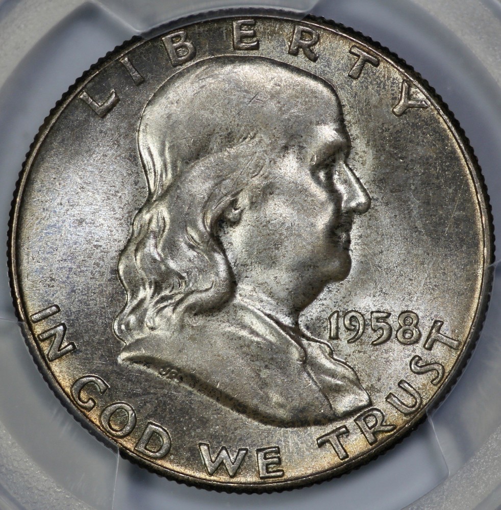 1958 Franklin 50c Silver Half Dollar PCGS MS 66 Sapphire Toned Reverse