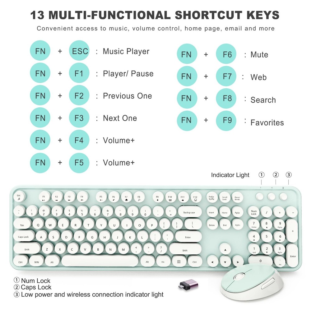 Wireless Keyboard and Mouse Combo Ergonomic Full Size Typewriter Retro Round ...