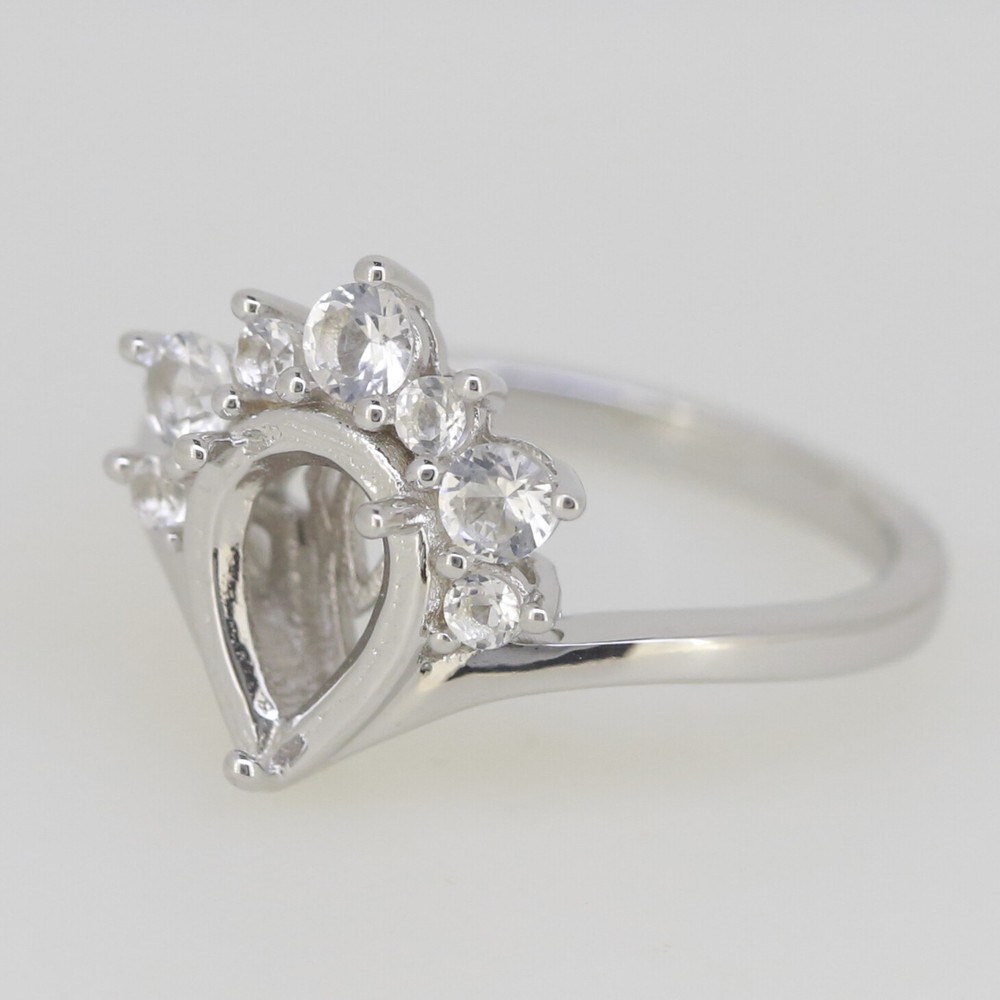 Sterling Silver Semi Mount Ring Setting Pear PE 9x7mm Crown Ring White