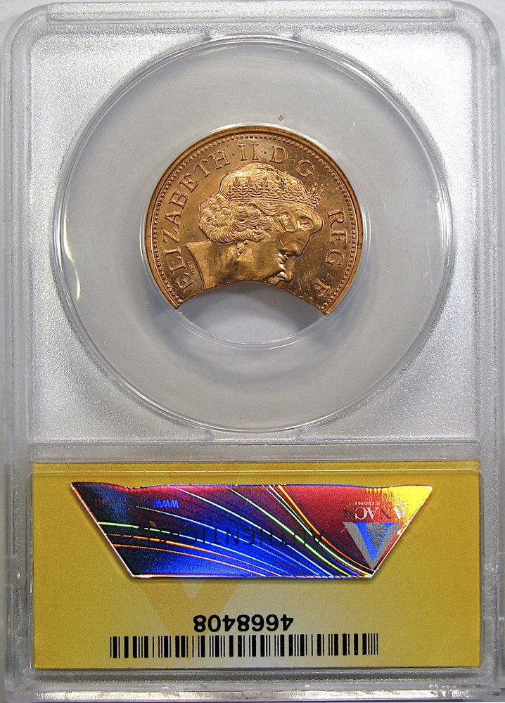 2000s G BRIT 2P ANACS MS62RD CLIPPED PLANCHET ~ MAJOR MINT ERROR!