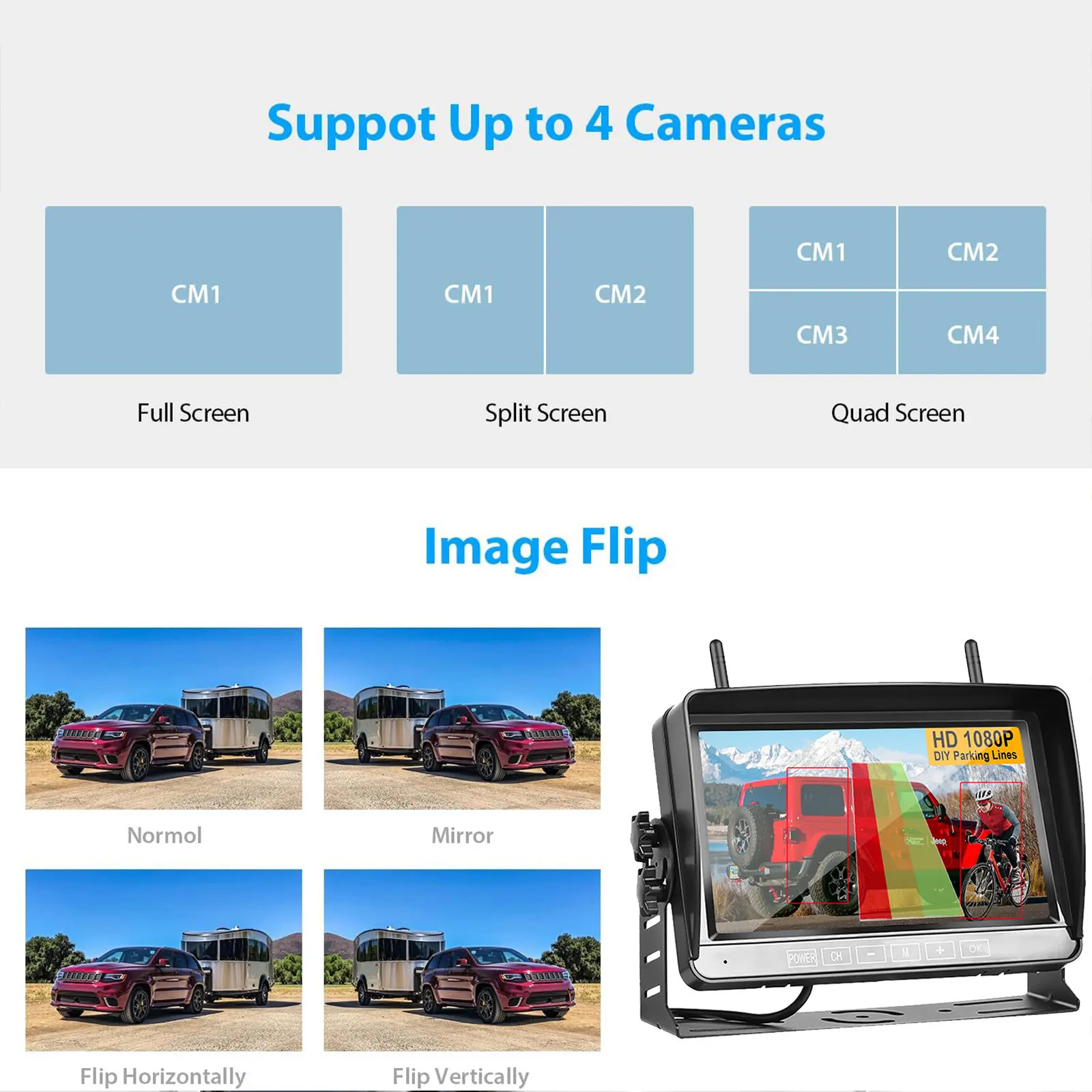 1080P Backup Camera System Wireless 7'' Monitor for RV Trailer Truck Camper Bus