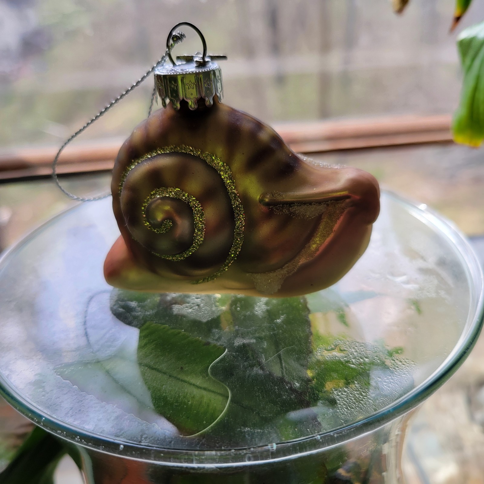 Midwest CBK Glass Brown Green Snail Mollusk Christmas Tree Ornament Glitter