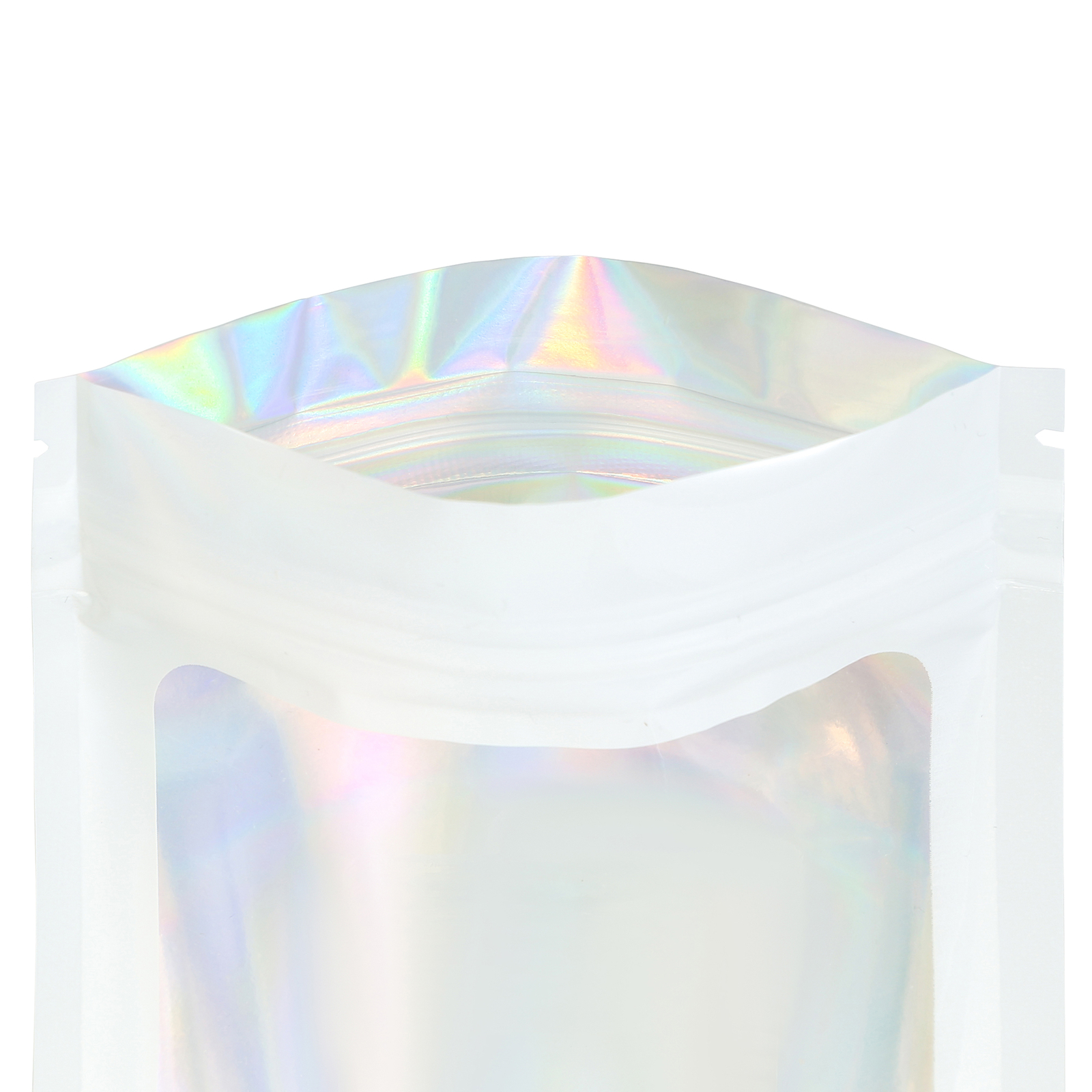White Mylar Food Packaging Bags, Holographic Foil Snack Bags with Clear Window