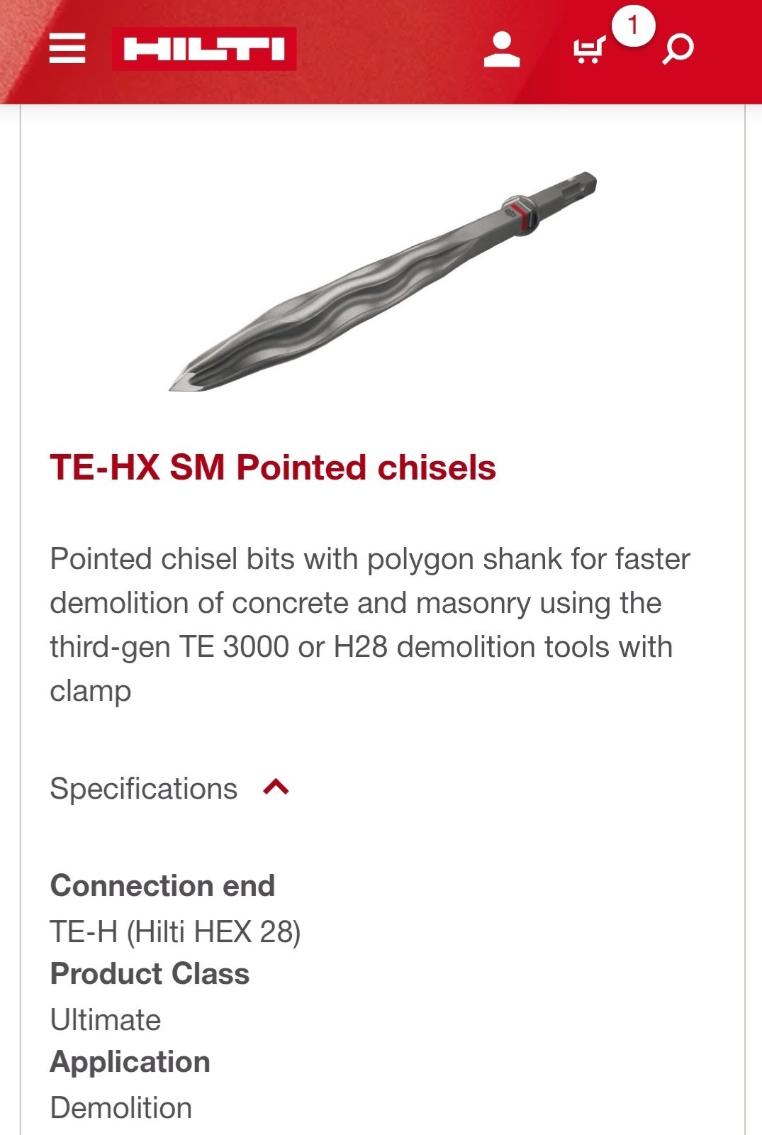 4pc Hilti TE-HX SM 40 Pointed Chisel Bit with 196.9 in TE 3000 Detachable P cord