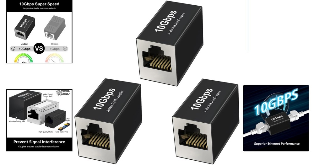 10Gbps RJ45 Coupler 3-Pack: Shielded, Gold-Plated Ethernet Extender, PoE Ready