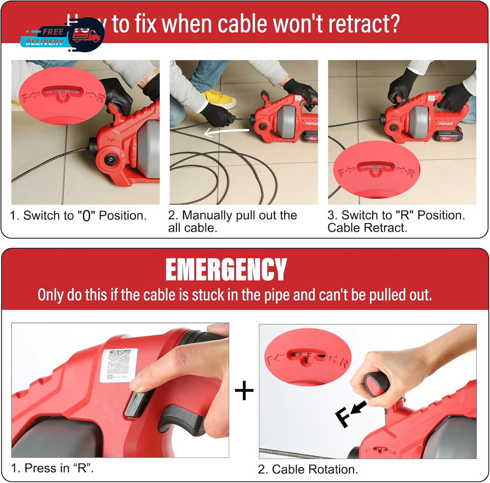 20V Cordless Electric Drain Snake 25Ft Replaceable Cable with 2.0Ah Battery