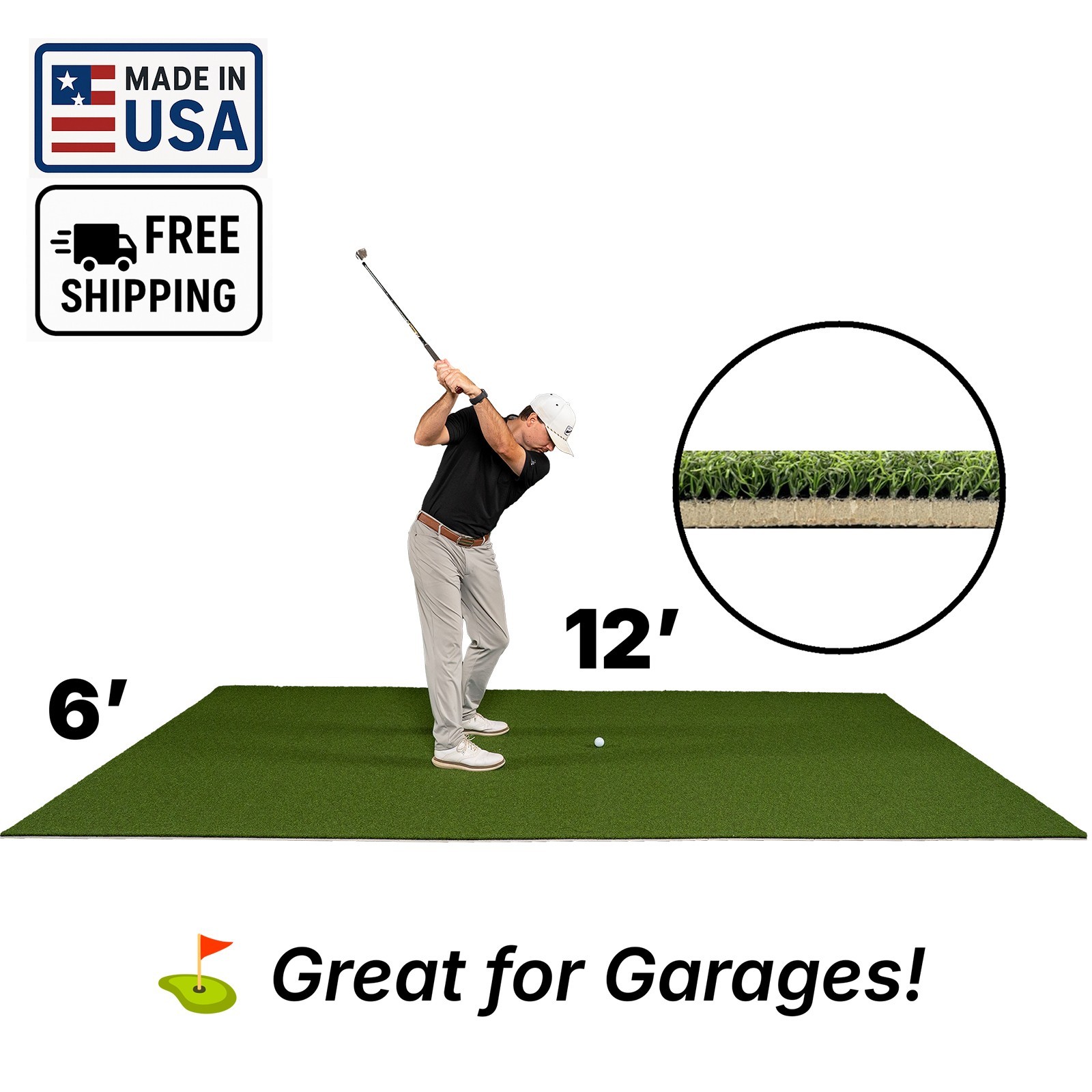 USA-Made Pro 6' x 12' Large Golf Hitting Mat on 5mm Foam Padding- Garages | Sims