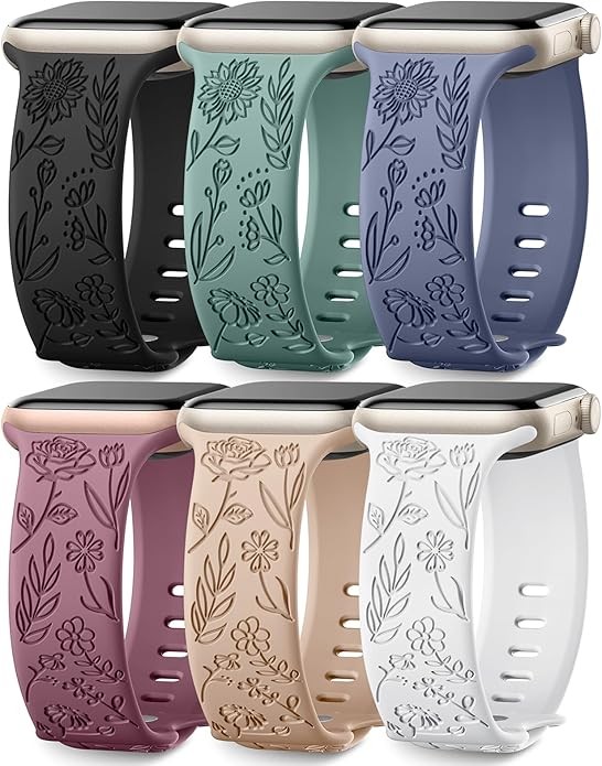 6 Pack Silicone Flower Pattern Strap Compatible with Apple Watch Series 7 45mm W