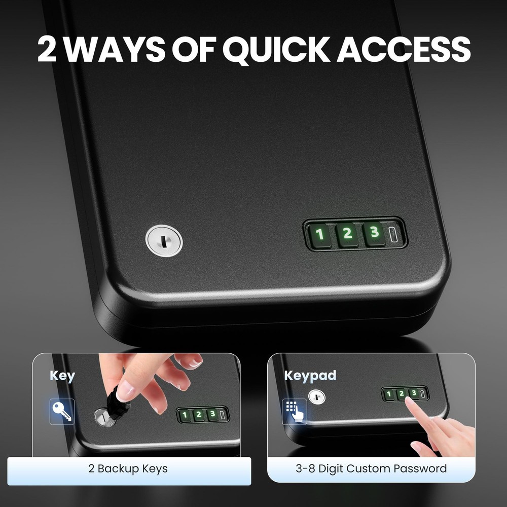 Portable Pistol Safes – Electronic Lock Box & Key Access, Silent Mode, Compac...