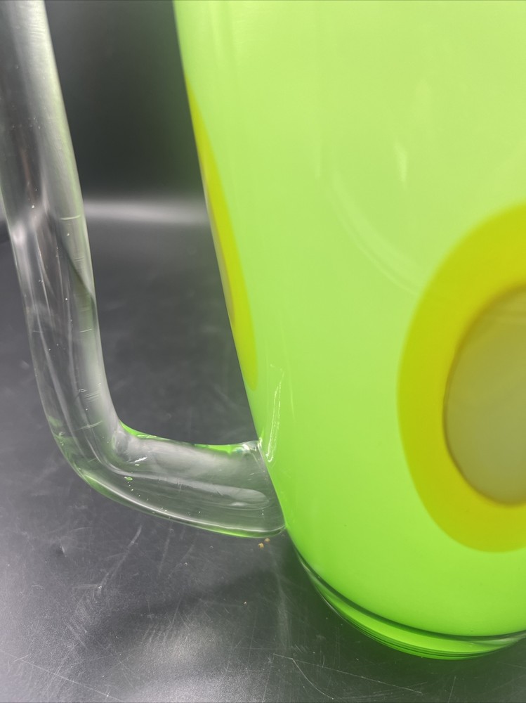 Art Glass Pitcher Hand Blown Lime Green with Applied Handle
