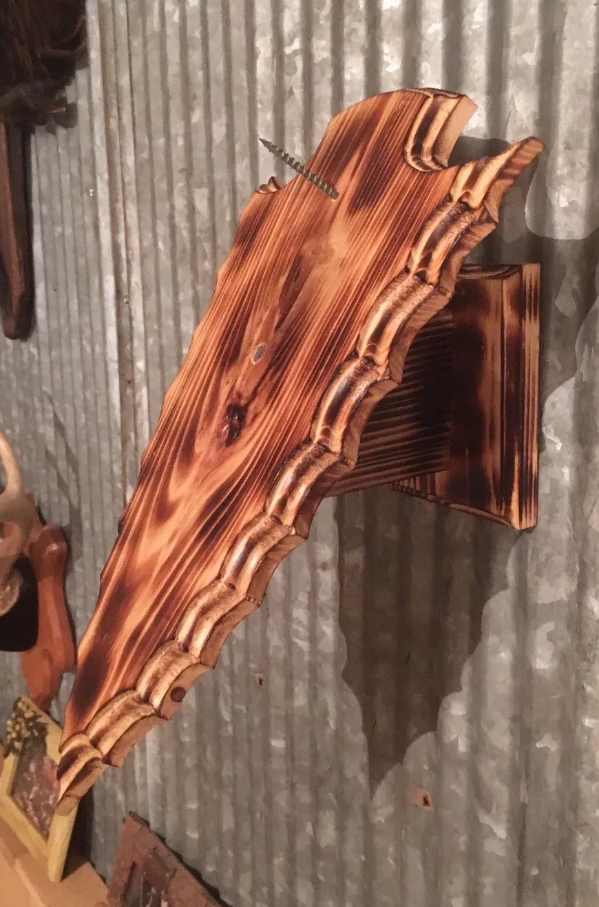 European Deer Skull Mount Wall / Table Pedestal Plaque Burned Pine Arrowhead