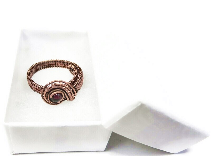 Garnet Adjustable Ring, Woven in Copper Wire