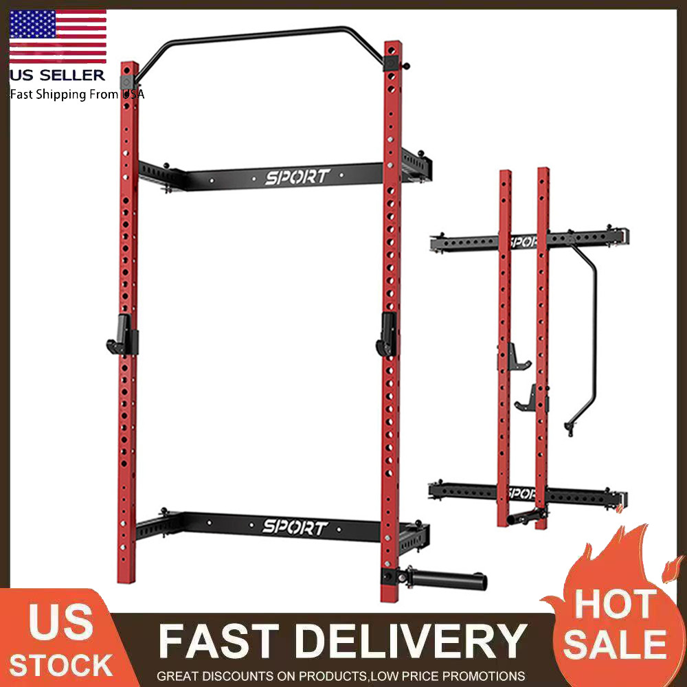 Foldable Squat Rack 1000 LBS Space-Saving with Pull Up Bar & J Hook & Landmine