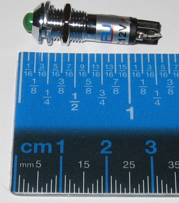 Panel Mount LED - Green - Chrome Case - 12V DC - 8mm Mounting - Lockwasher / Nut