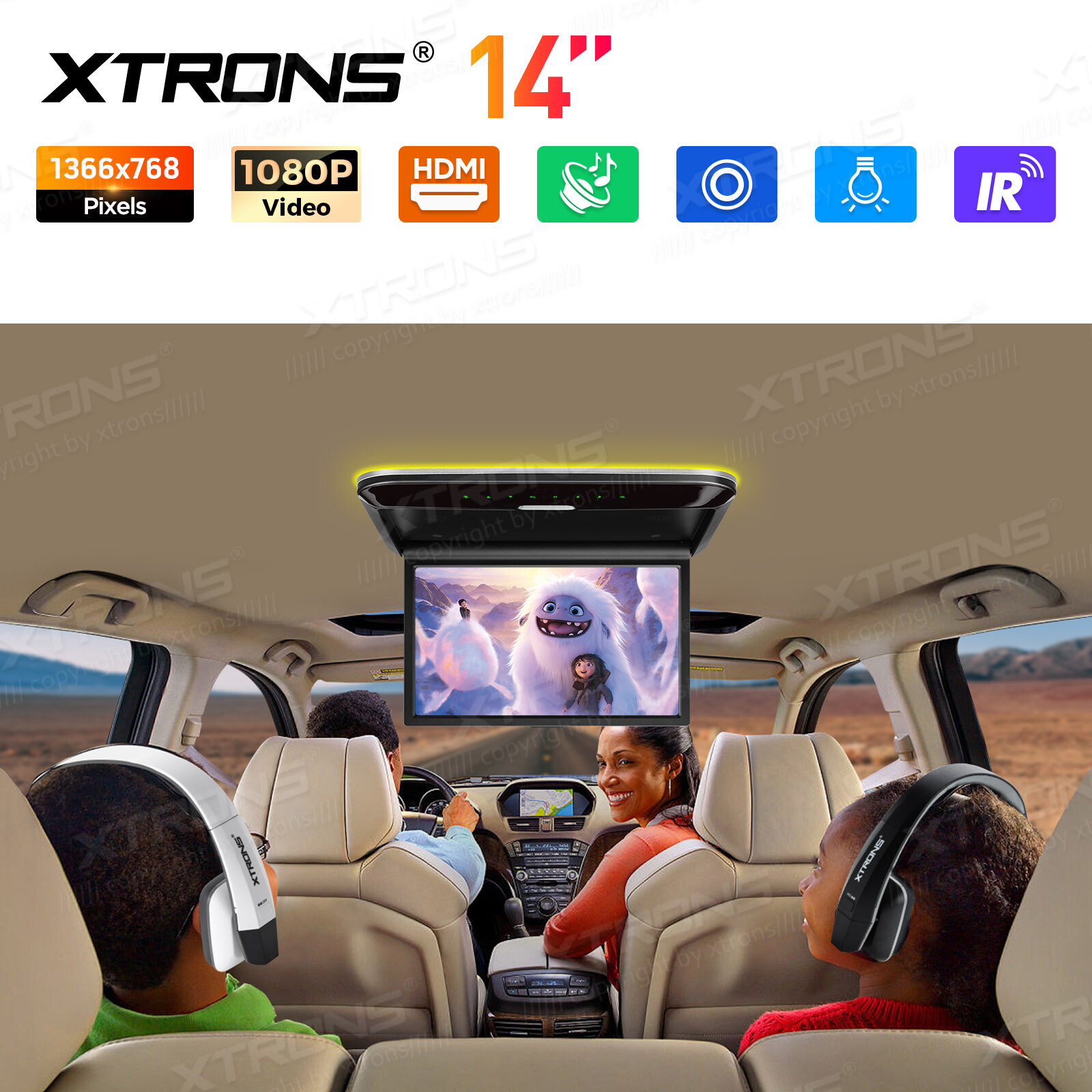 14" FHD Car TV Roof Flip Down Monitor 1080P Video Stereo Speakers HDMI AV-IN FM