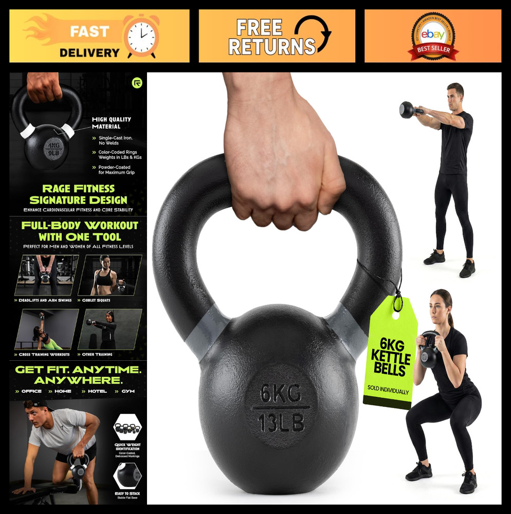Cast Iron Kettlebell - Powder Coated, Wide Handle for Core & Glute Workouts, Str