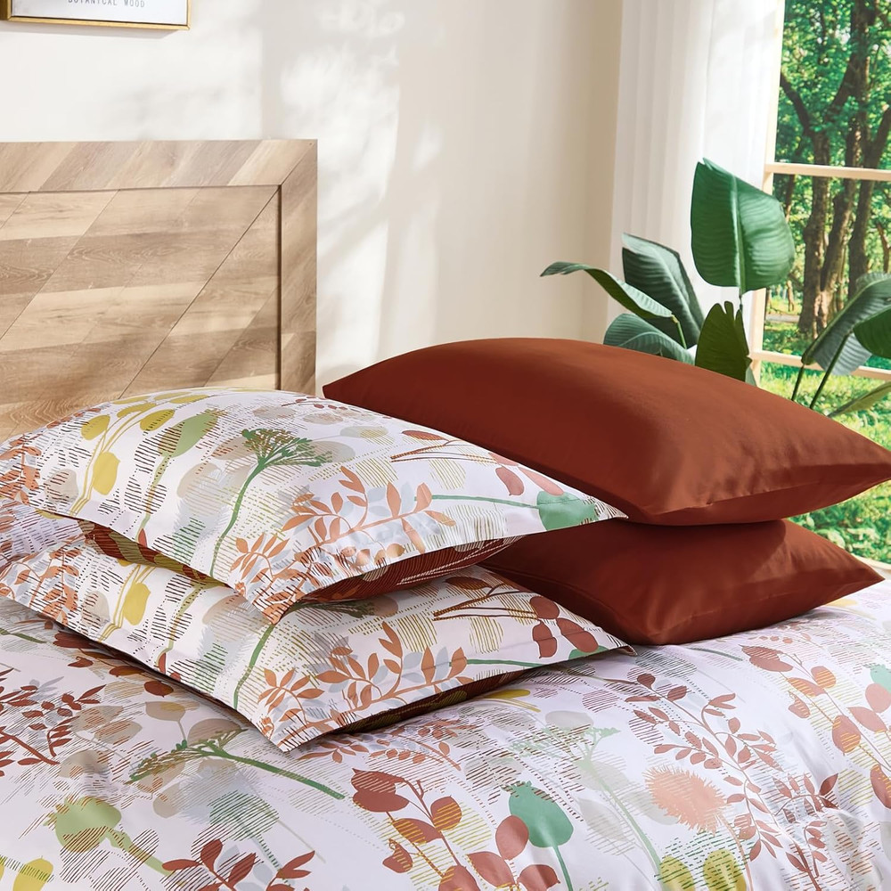 7Pieces Queen Comforter Set, Brown Botanical Bed in a Bag Complete Set with Shee