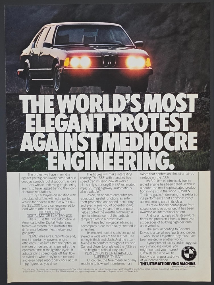 1982 PRINT AD BMW 733i World's most elegant protest against Mediocre Engineering
