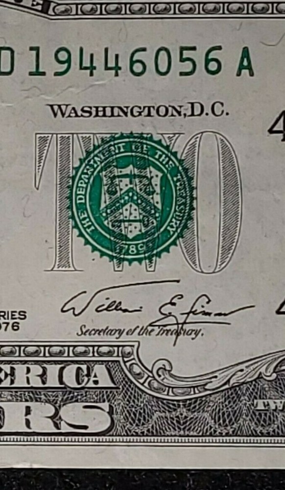 1976 $2 note alignment Shift over-inking error AU [almost uncirculated] folds