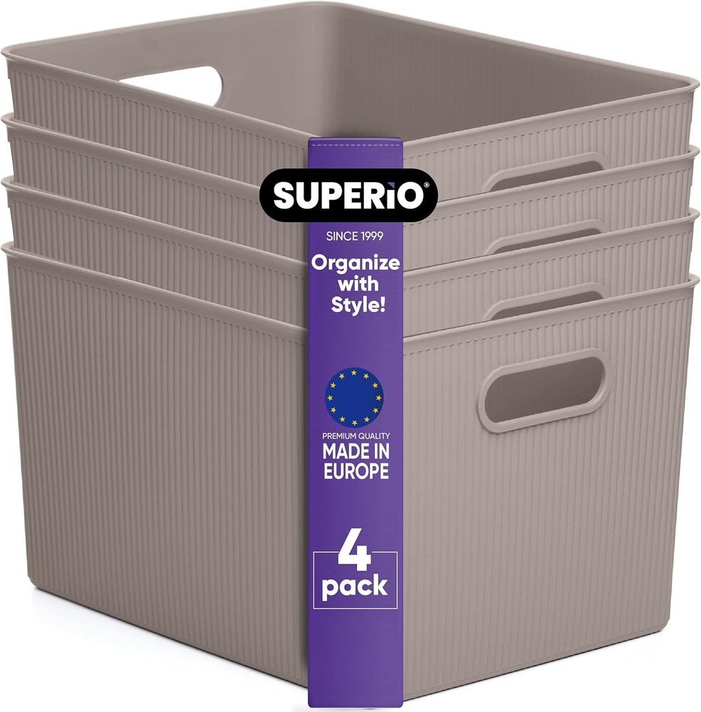 Superio 22L Large Ribbed Storage Bin- Plastic Storage Bin  (4 Pack, Taupe)
