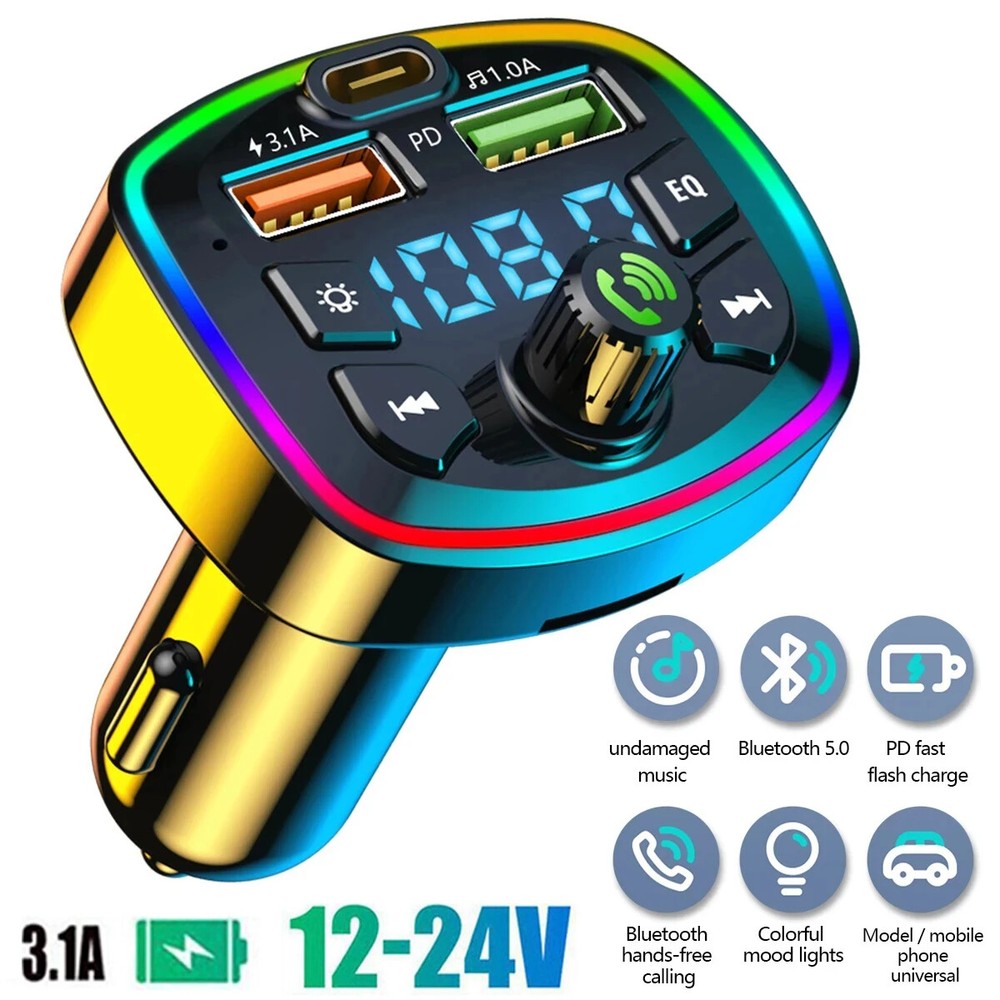 Bluetooth5.0 FM Transmitter Car Adapter PD18W+2 USB Charger Adapter LED & U Disk