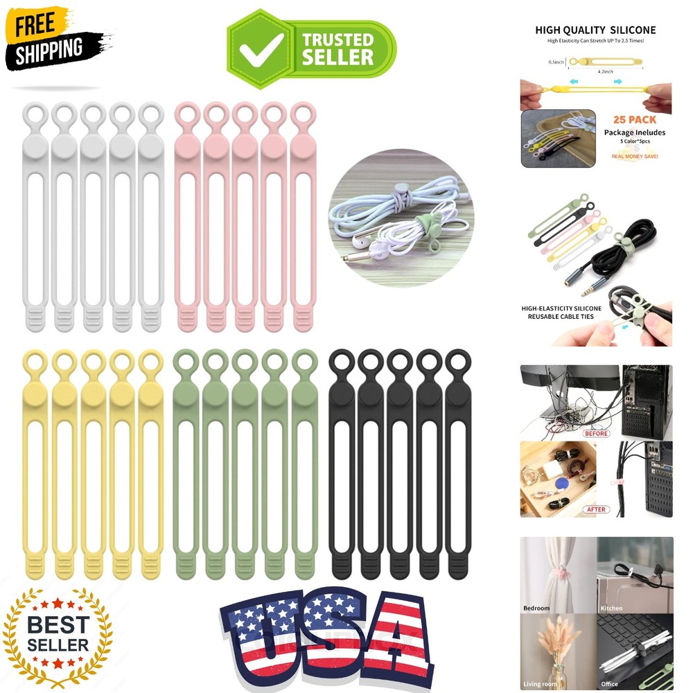 Versatile 25PCS Silicone Cable Management Ties - Safe & Reusable Organization