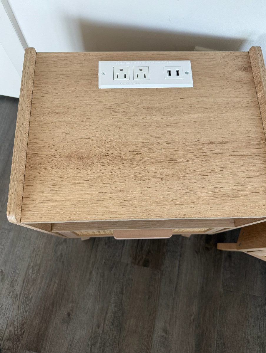 Set of 2 Brand New Night Stands Beige Wood Color Drawer Storage Powered Outlets!