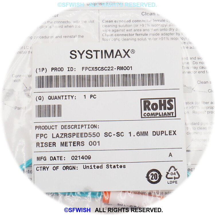 NEW CommScope 10Gb SC-SC Duplex Fiber Patch Cable AQUA Multimode (OM4), 1 meter