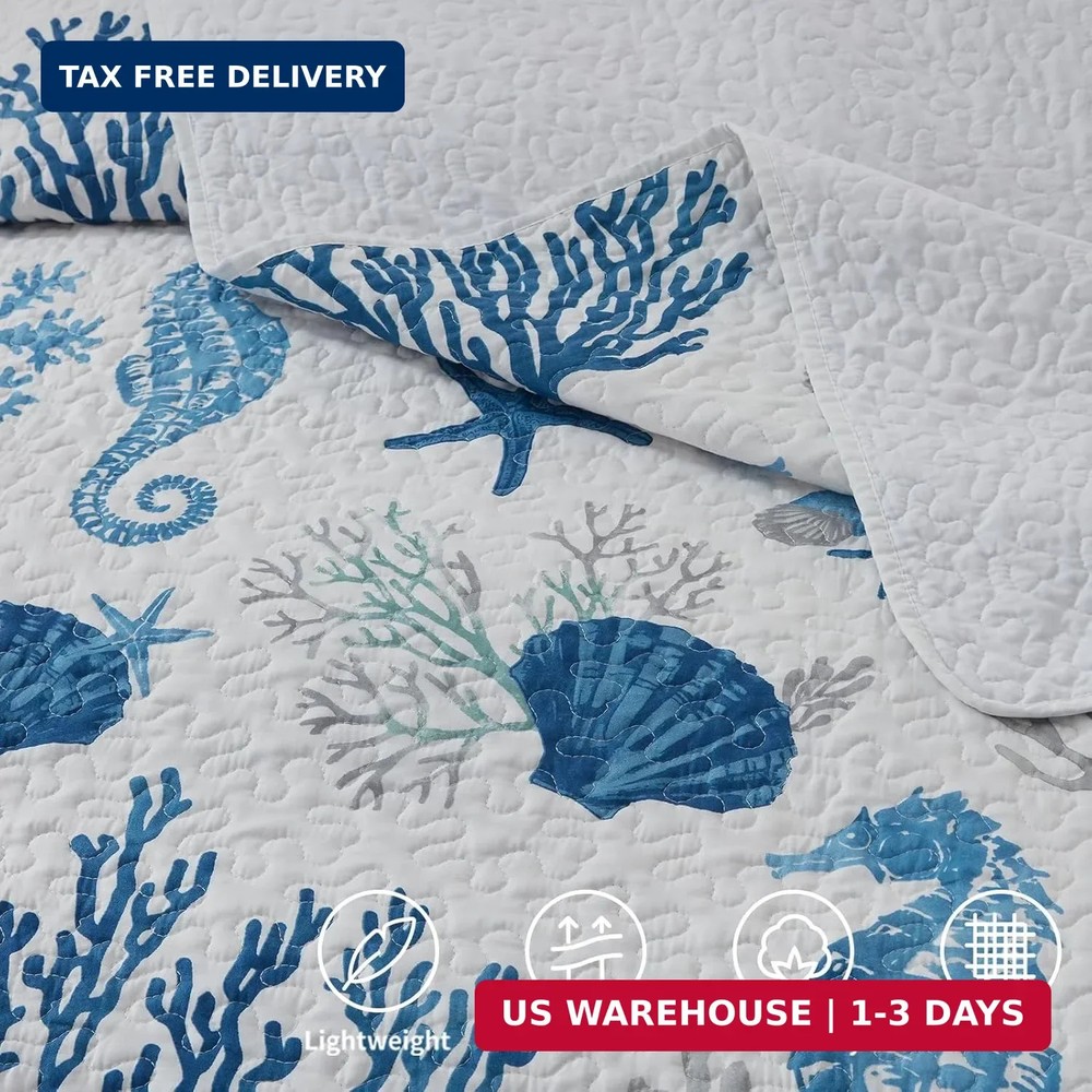 Coastal Quilt Set Full/Queen Size - Lightweight Microfiber Reversible Be