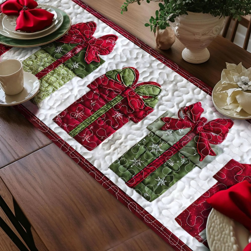 Christmas Present Quilted Table Runner Holiday Dining Decor Kitchen Xmas Gift