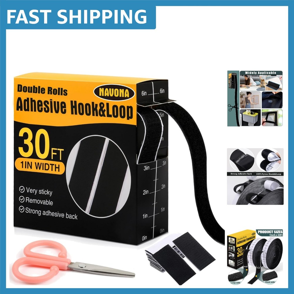 Reusable 1 Inch Wide Hook and Loop Tape - 30Ft Double Rolls for Easy Application