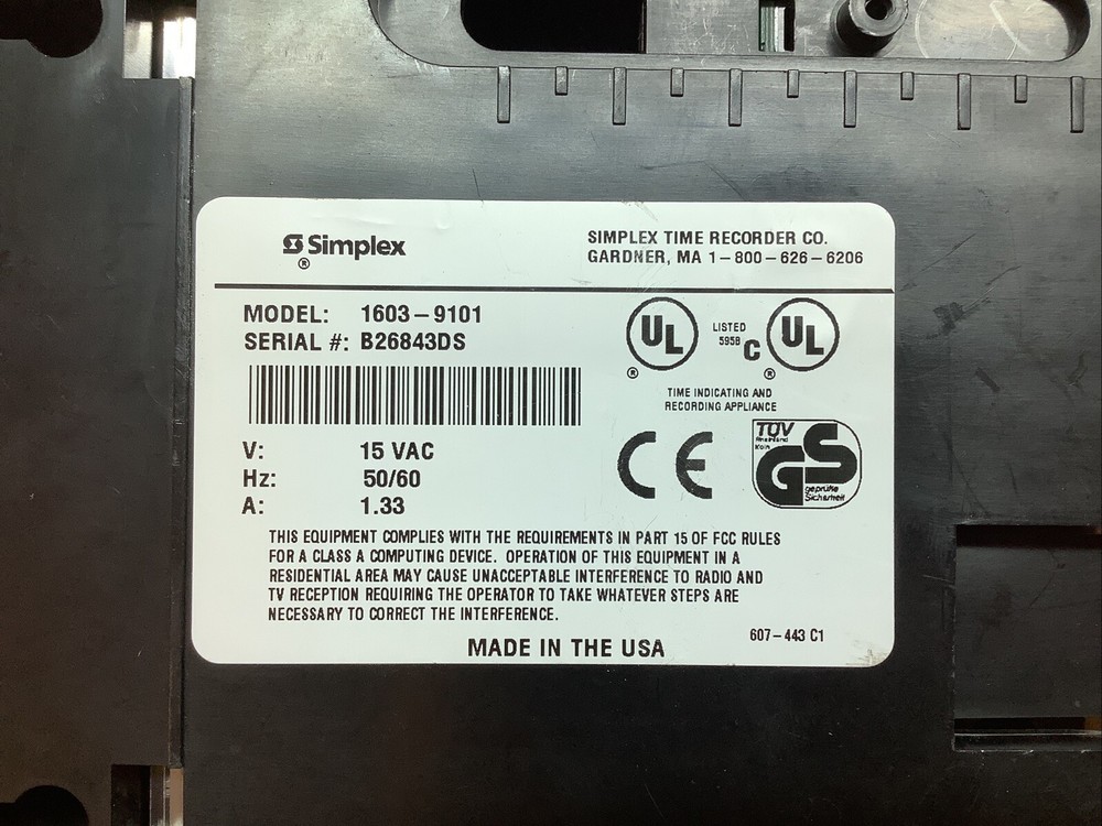 Simplex 1603-9101 Electronic Time Clock 15VAC 50/60Hz USED