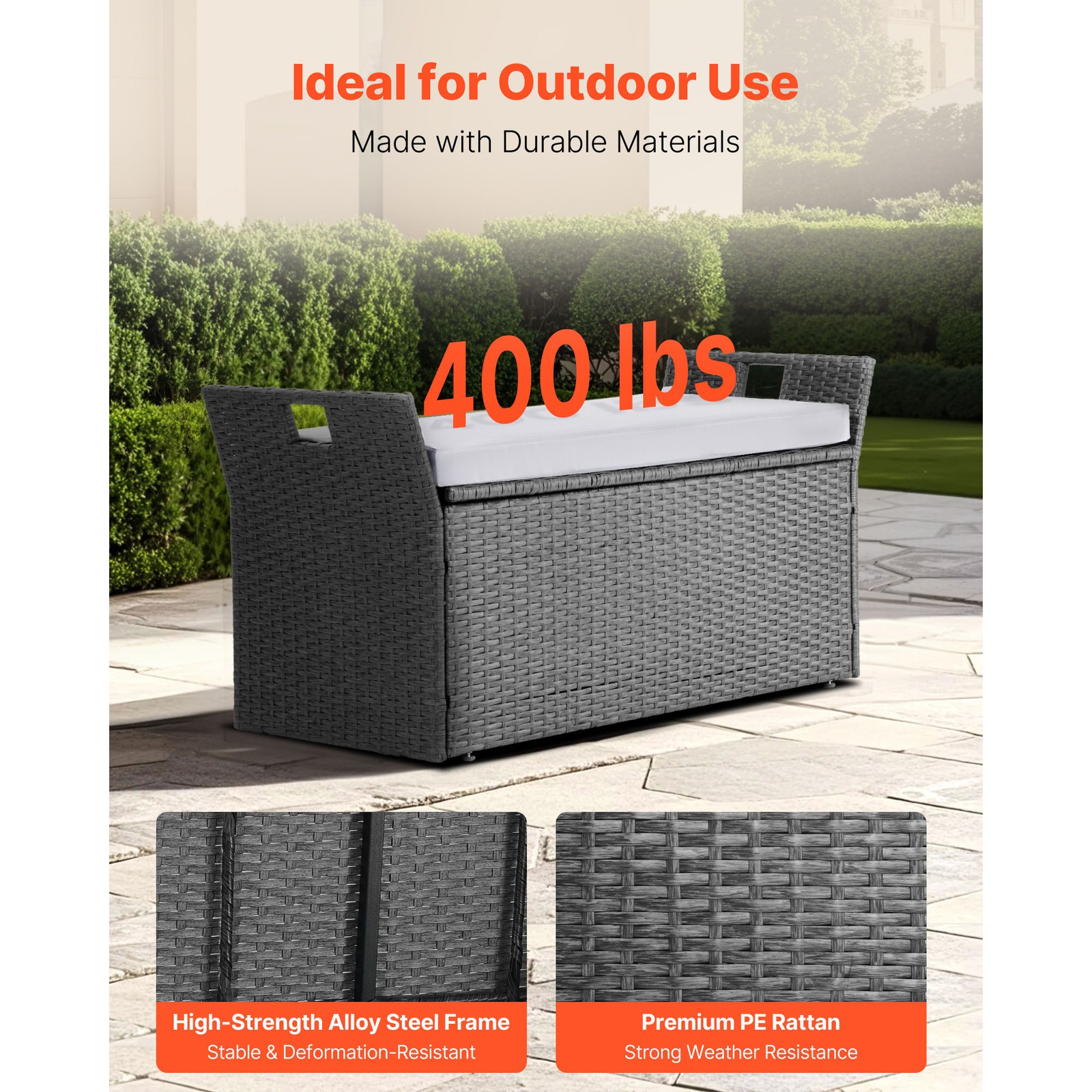 Outdoor Storage Bench PE Rattan 40Gal Deck Box Waterproof Outdoor Seat & Storage