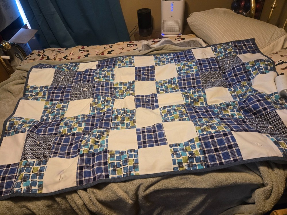 Vintage Handmade Patchwork Lap Throw Blanket Patterns & Blue Backing 56 X 36