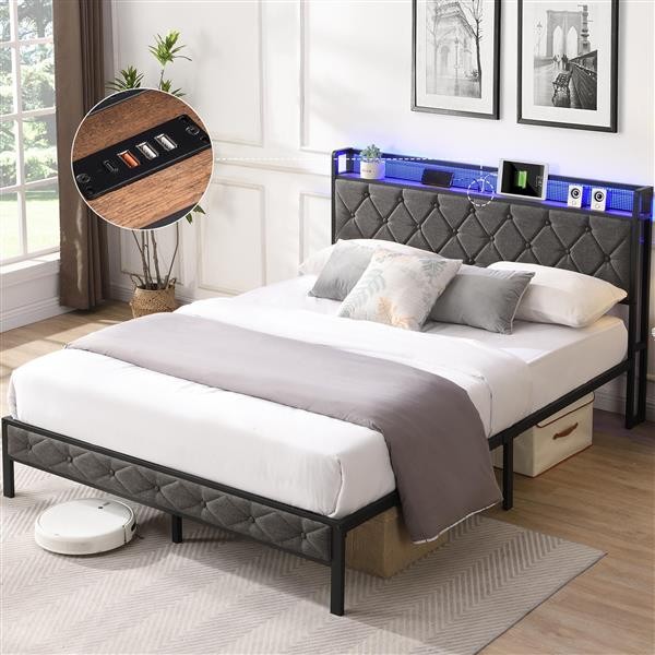 Full Bed Frame Storage Headboard with Charging Station&LED Lights Dark Gray NEW