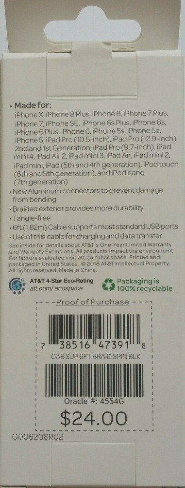 AT&T MFi-Certified 6ft Charge Sync Lightning USB Cable iPhone iPad