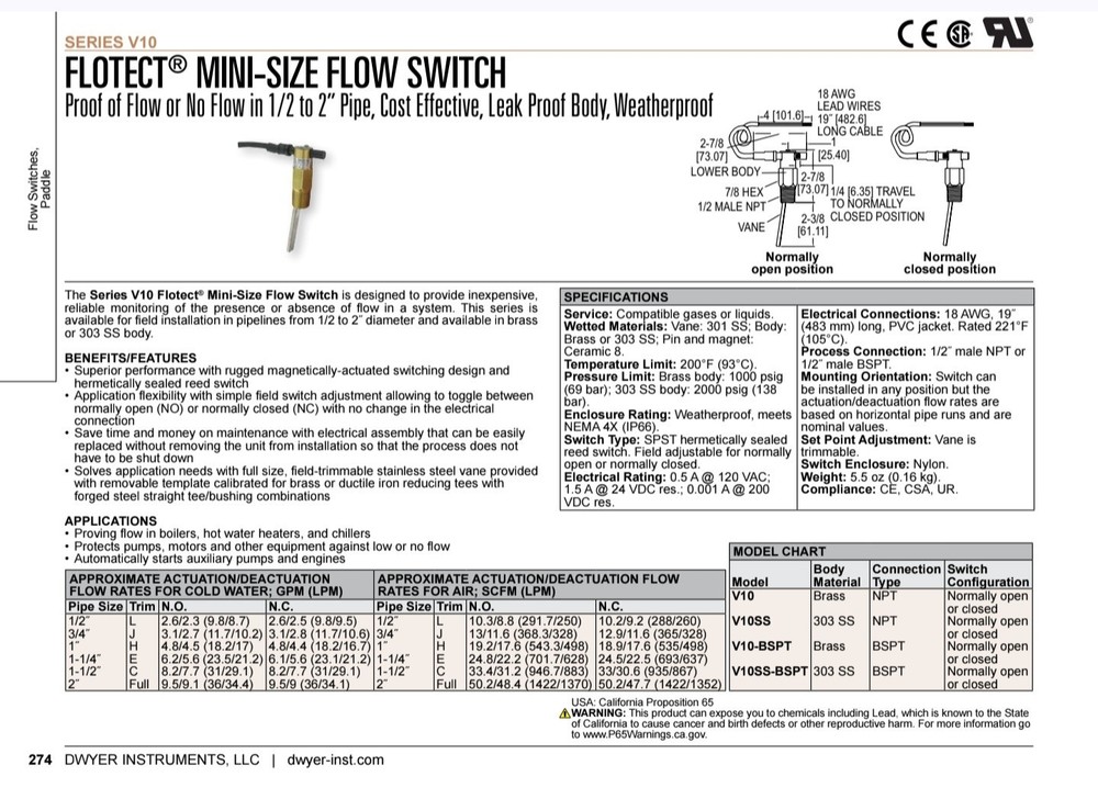 Dwyer Instruments V10 Mini-Size Flow Switch, Brass, Normally Open Or Closed.
