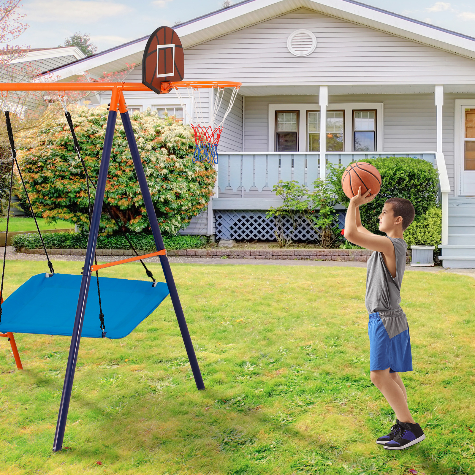 6-in-1 Swing Sets for Backyard Multifunction Metal Playground Swing Set for kids