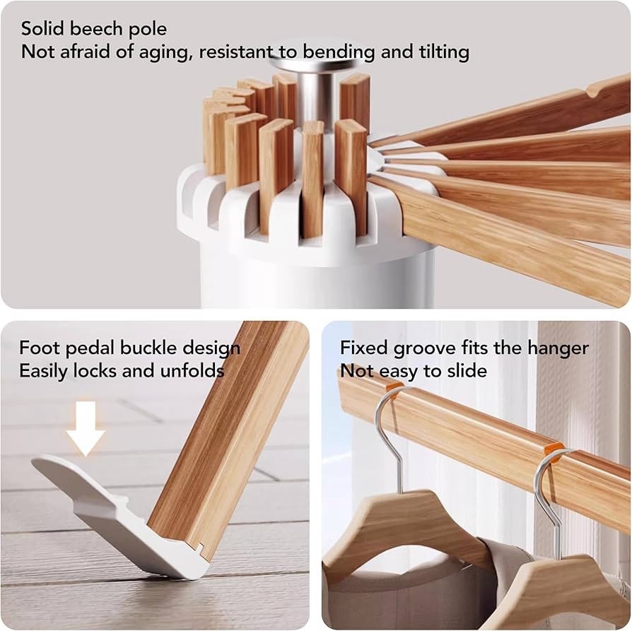 Umbrella-Shaped Large Capacity Foldable Clothes Drying Rack Beech Wood