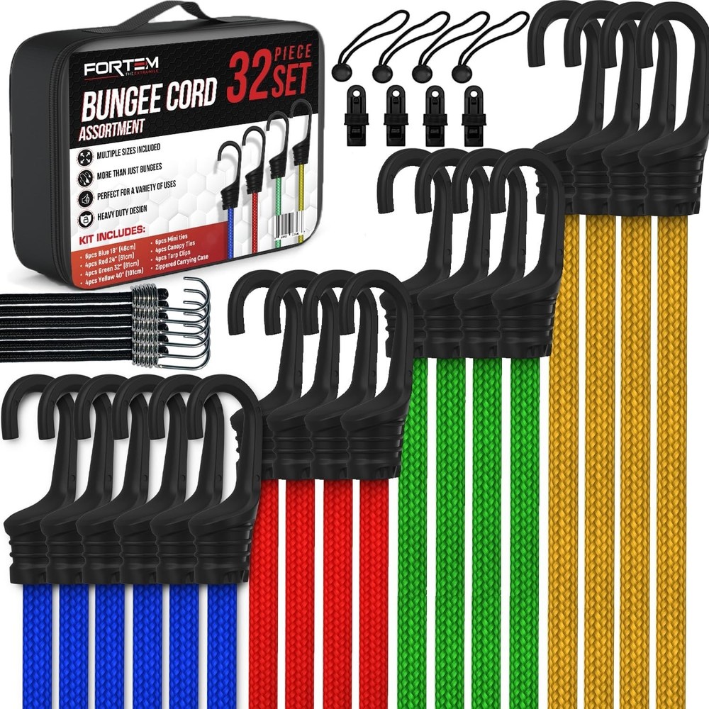 Multi-Size Bungee Cord Set - 32 Pack with UV Resistant Hooks & Carrying Case