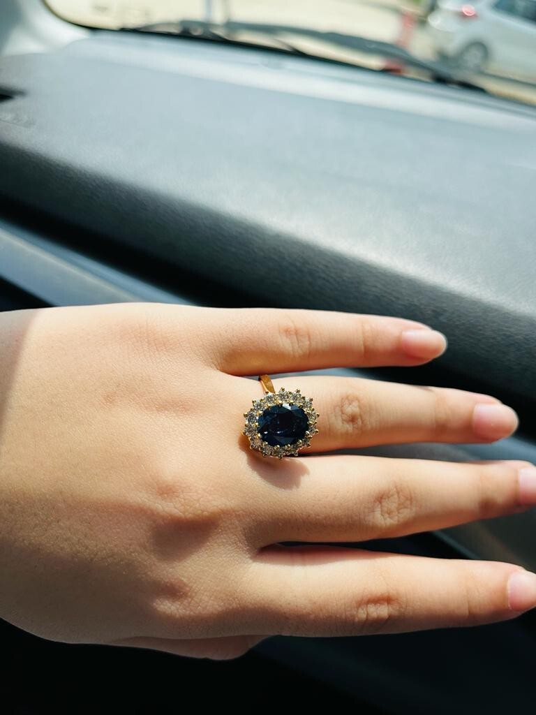 5.50 Ct Real Oval Sapphire & Diamond Diana Princess Ring 14K Solid Yellow Gold 7