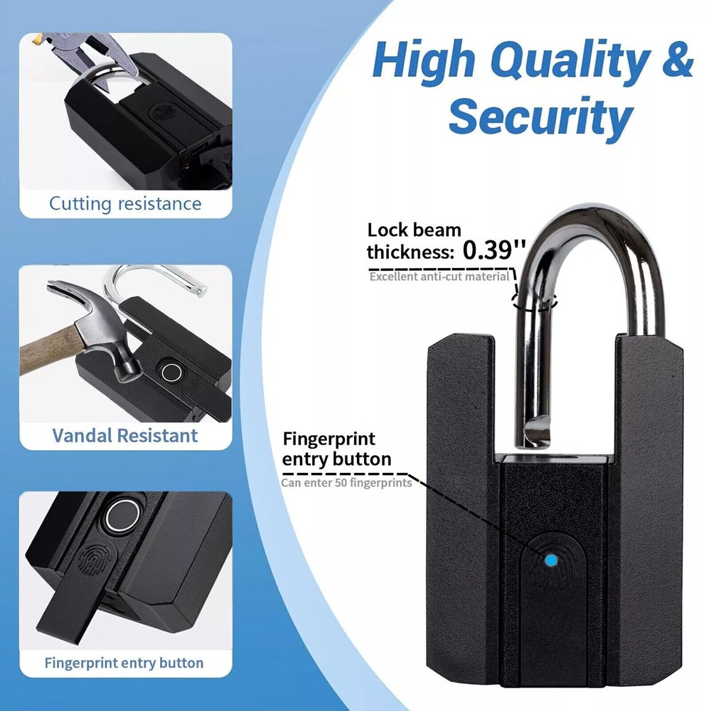 Smart Waterproof Bluetooth Fingerprint Padlock Locker Lock W/ 2 Keys Black