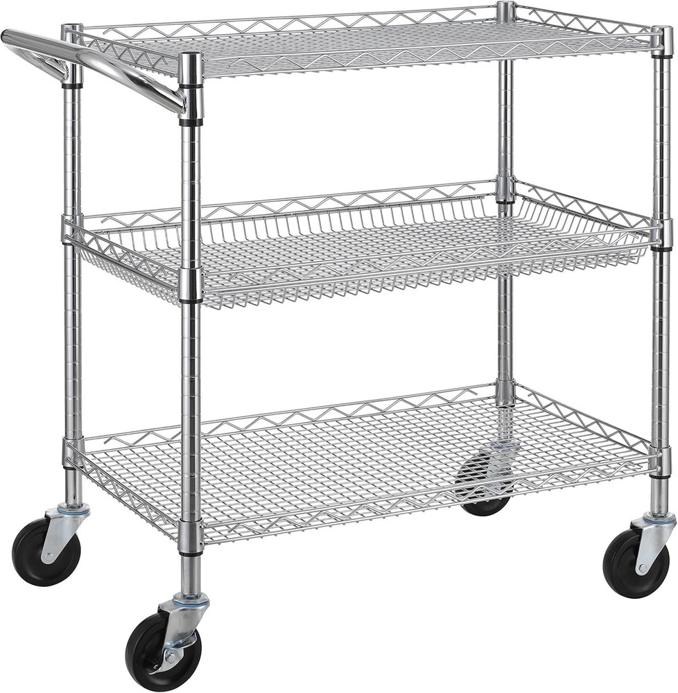Durable Chrome Utility Cart - 500lb Capacity 3-Tier Rolling Storage Solution