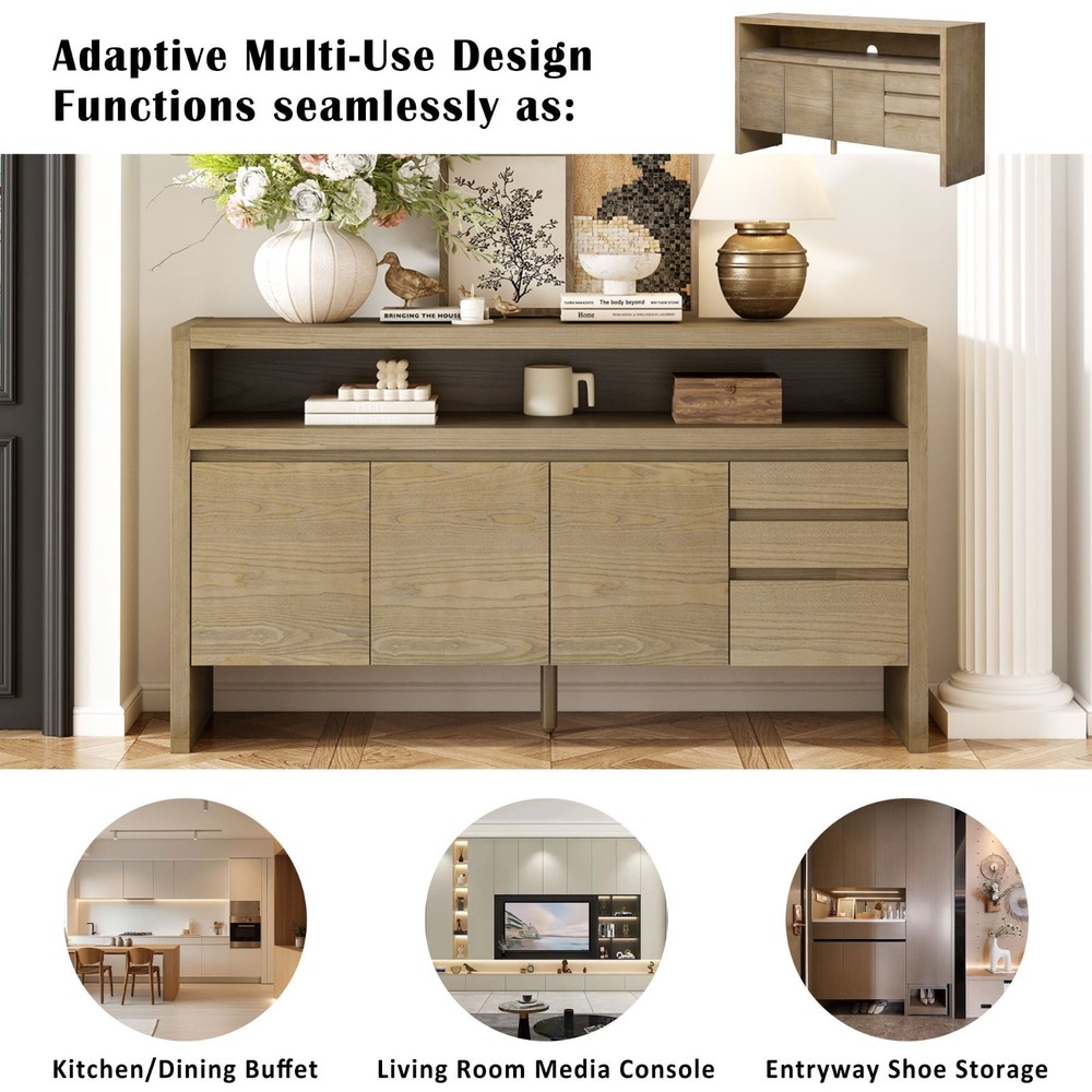 Modern Solid Wood Sideboard Storage Cabinet Console Table With 3 Doors 3 Drawers