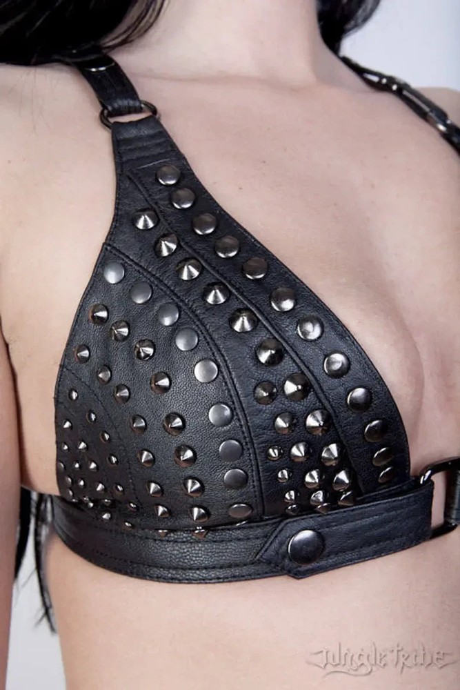 Full Stud Leather Bra with Suede Lining adjustment Cross Over Back