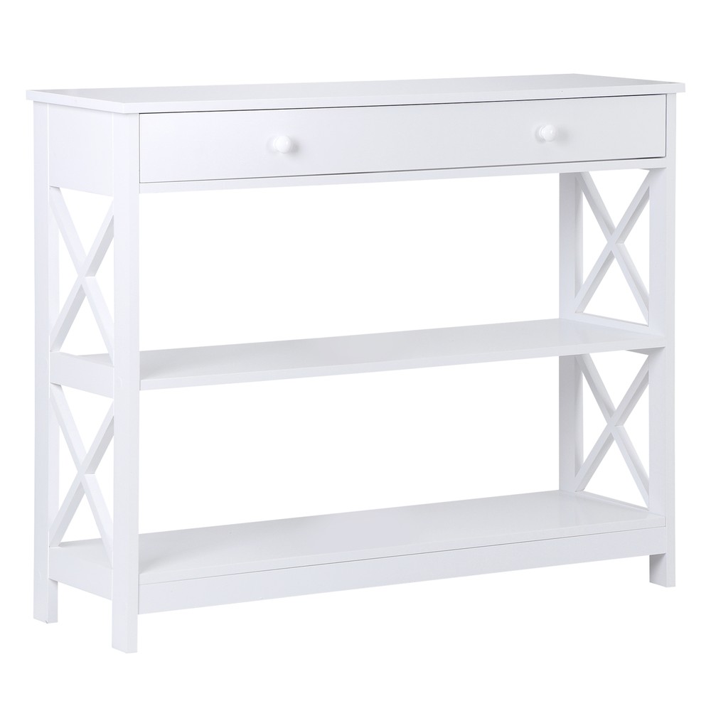 Console Table Narrow Sofa Side Entryway Table with 3-Tier Shelves 1 Drawer White