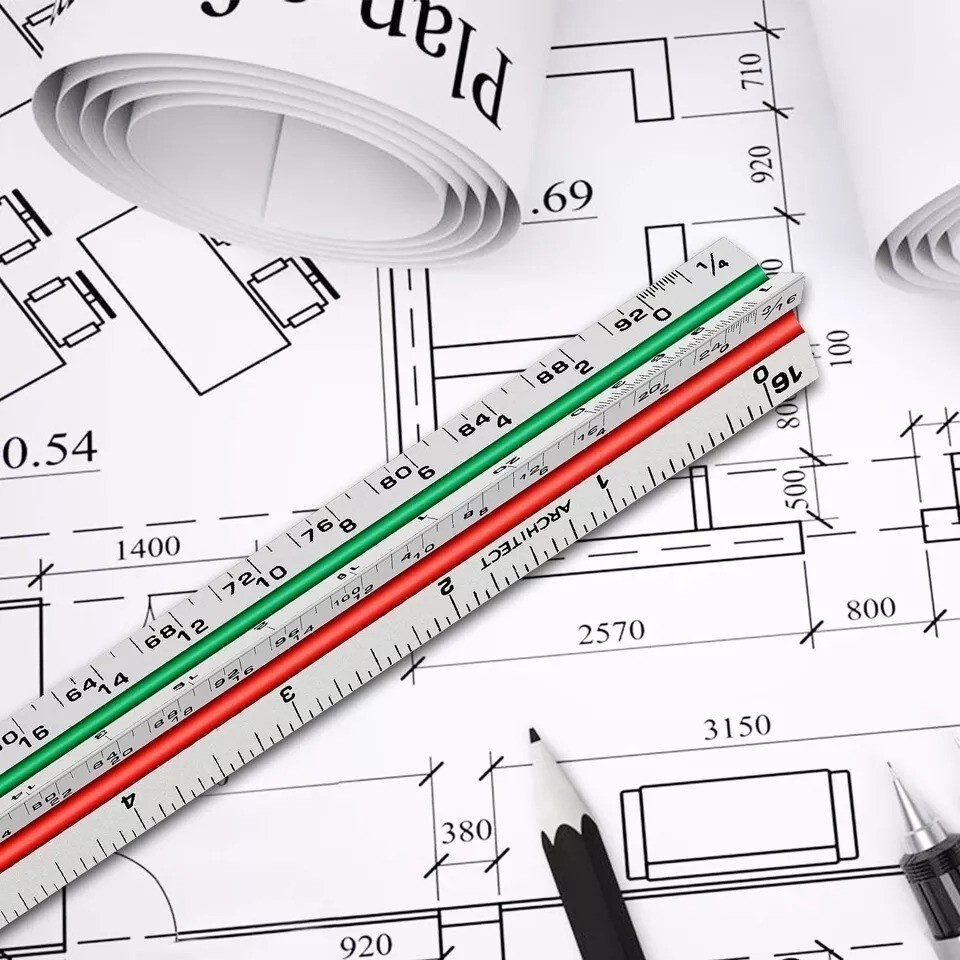 12" Architectural Scale Ruler Aluminum Architect Scale Triangular Scale Ruler